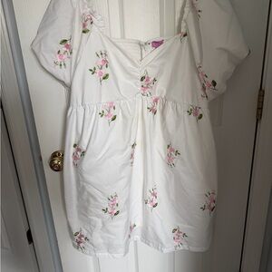Francesca’s White Floral Babydoll dress with Pink Rose Embroidery